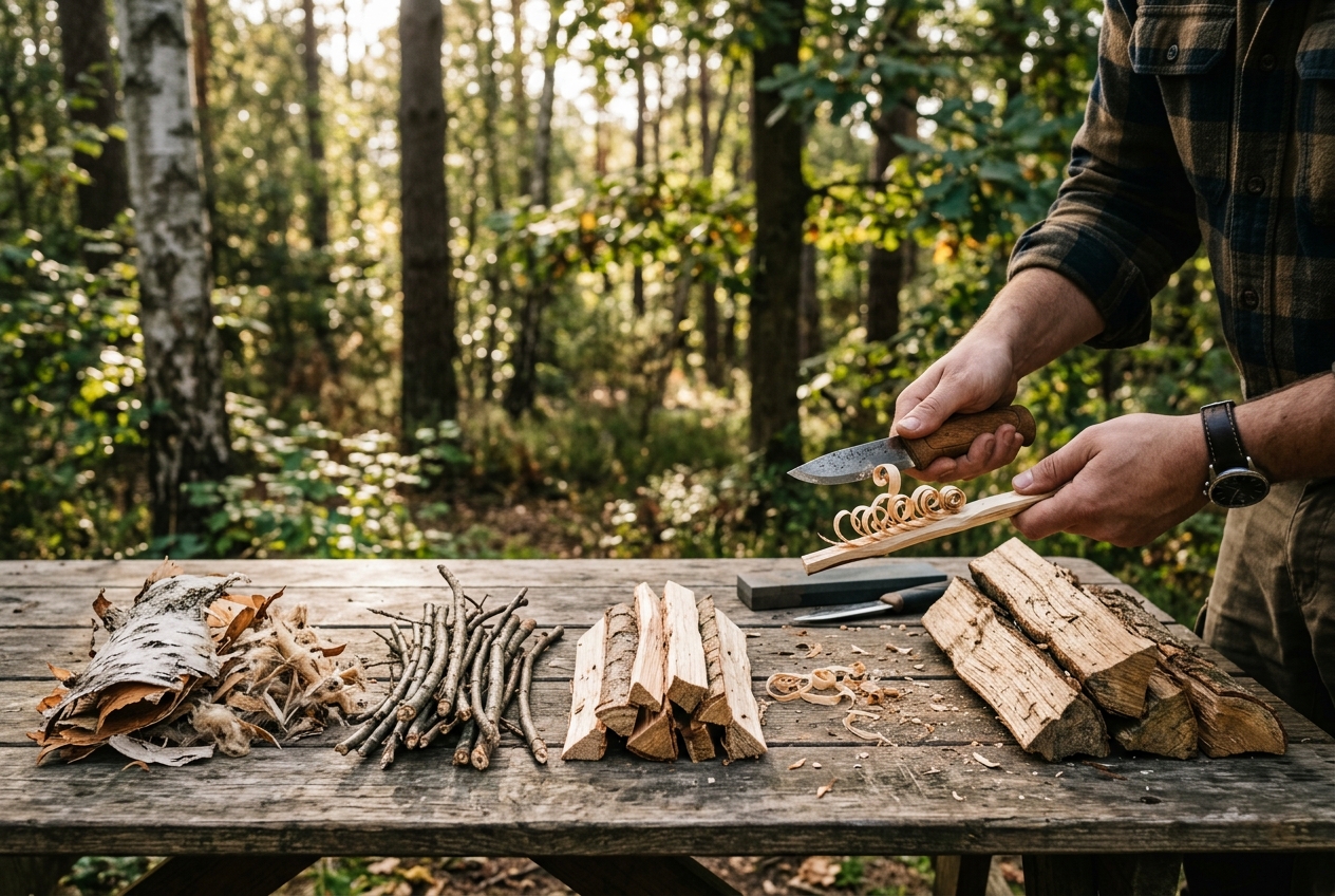Sorted tinder, kindling, logs and a feather stick outdoors