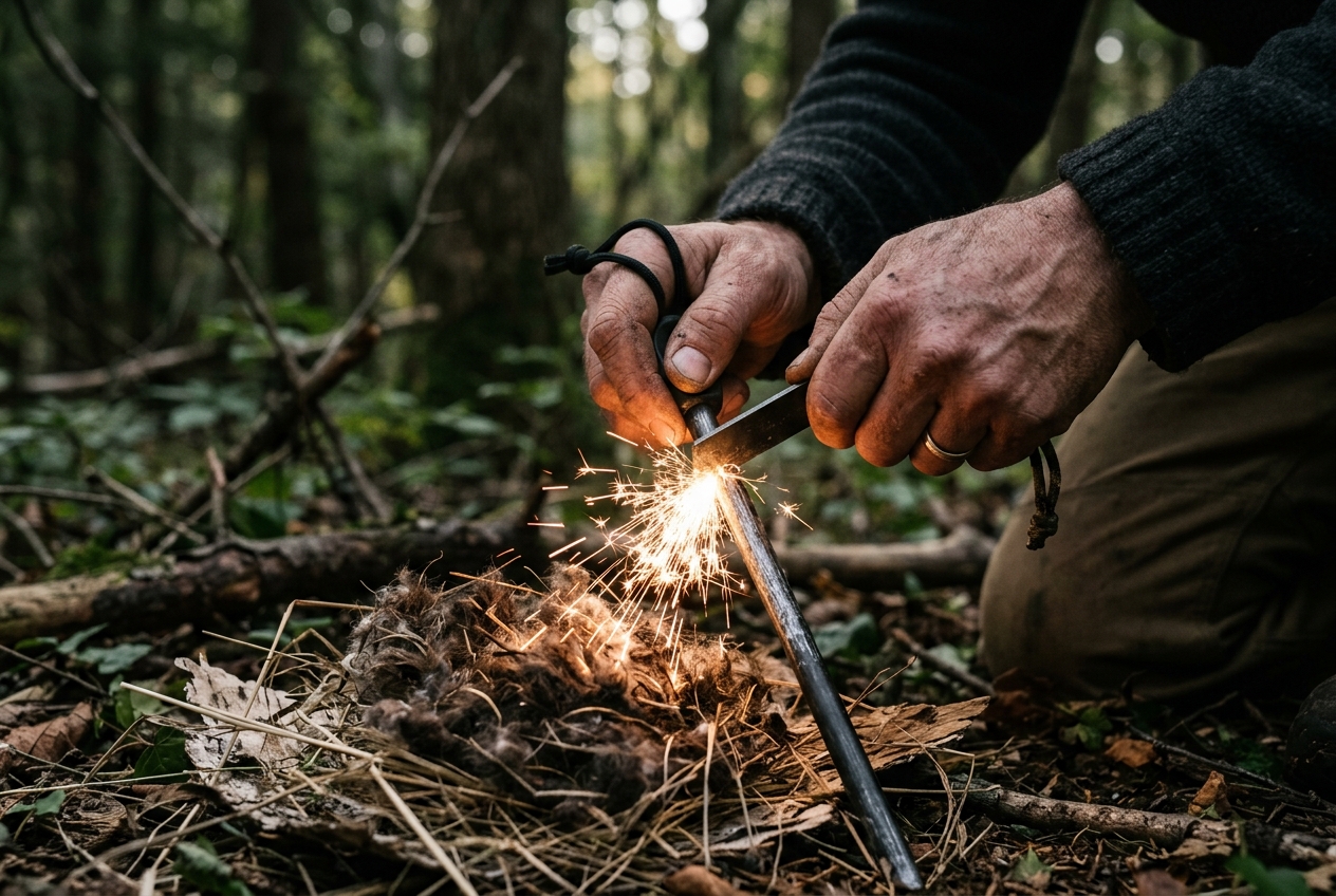 Hands scraping ferro rod showering sparks onto tinder nest
