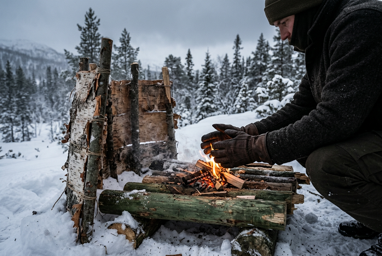 Gloved hands shielding small flame on snowy log platform