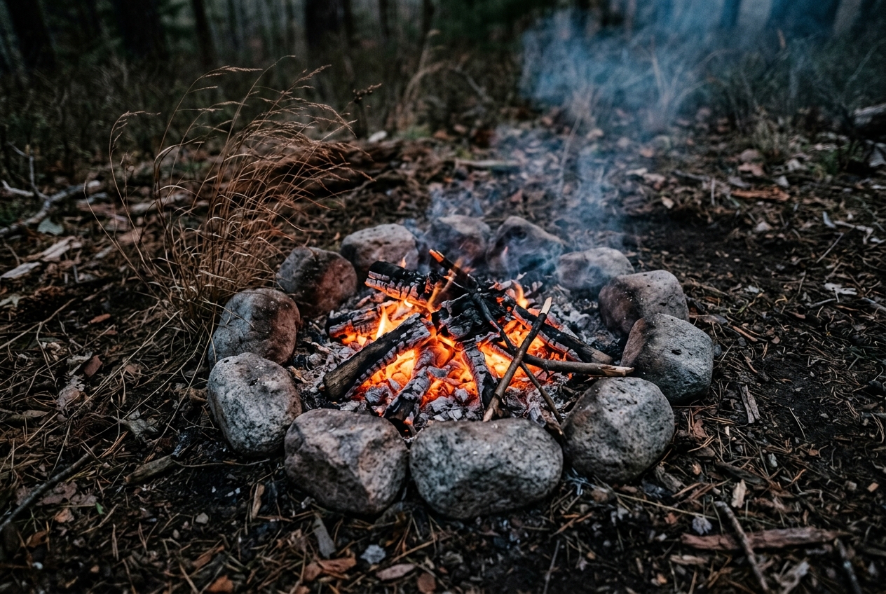 Glowing campfire embers with rising smoke among stone ring
