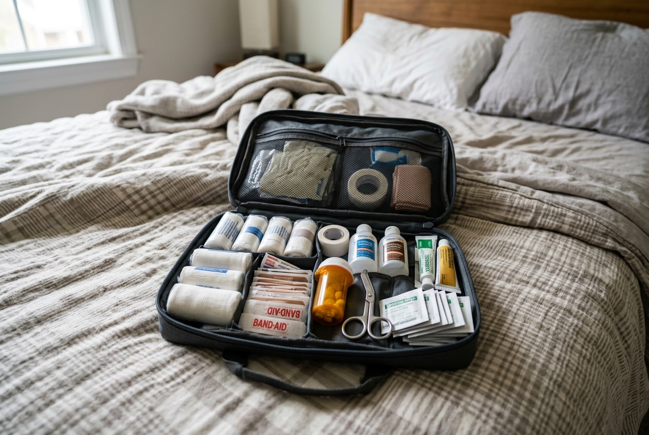 Open first aid kit with bandages, medicine, and wipes