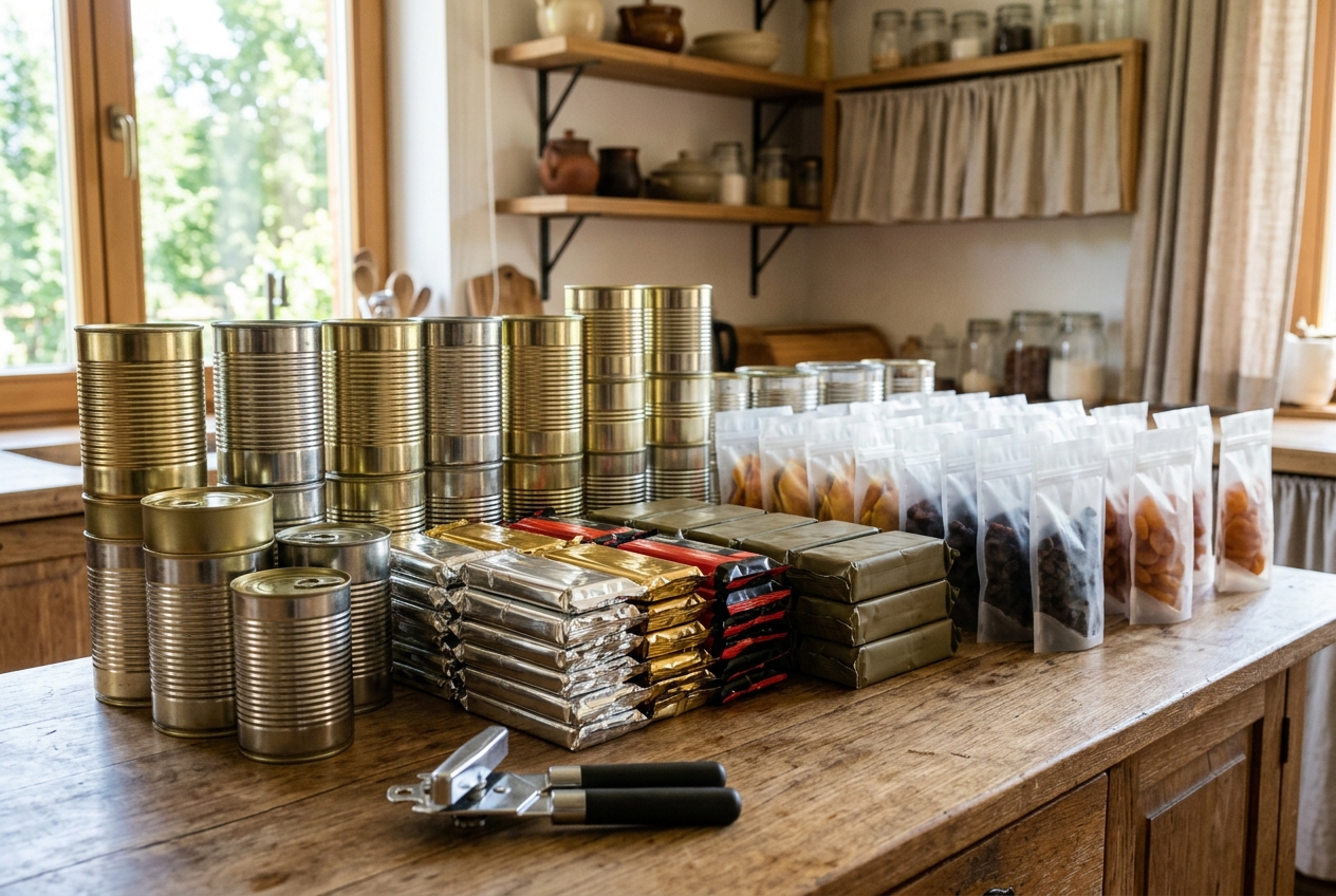 Canned goods and dense food rations stacked on counter