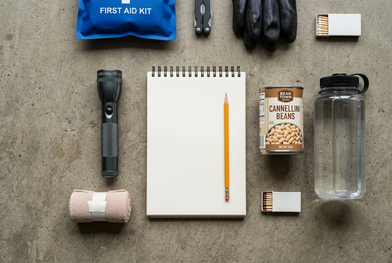 Blank notepad and pencil atop organized emergency supplies
