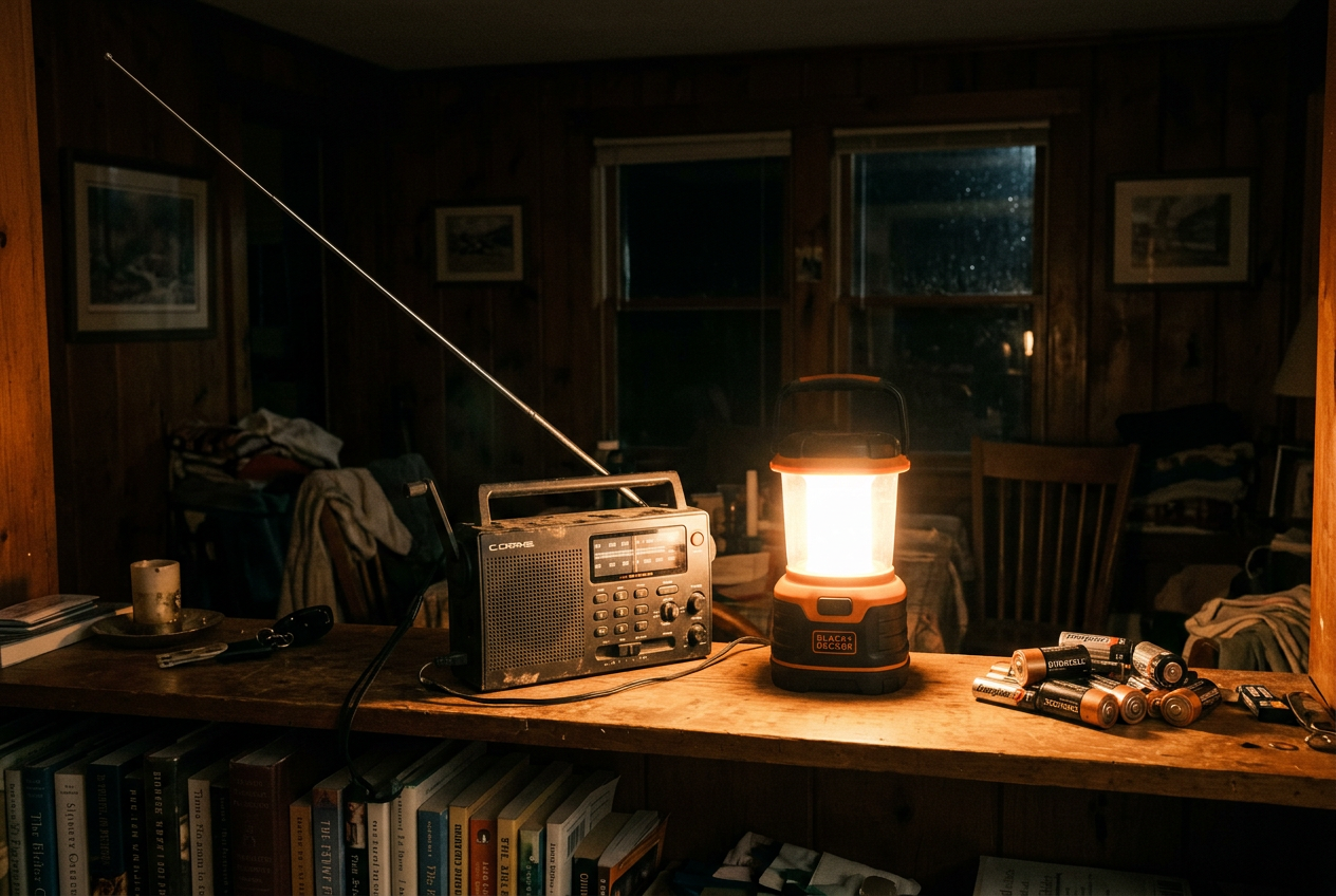 Glowing lantern and hand-crank radio in dark room