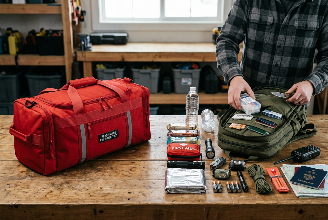 Prepacked duffel bag beside loose supplies and open backpack