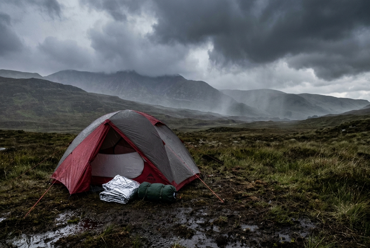 Waterproof tent with thermal blanket and poncho in rain