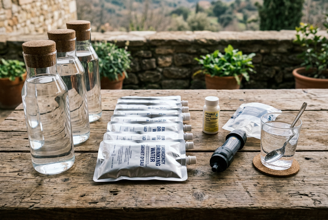 Water jugs, pouches, tablets, and filter on wooden table