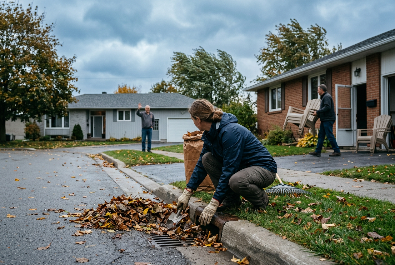 Homeowner clearing storm drain as neighbor waves under gray sky