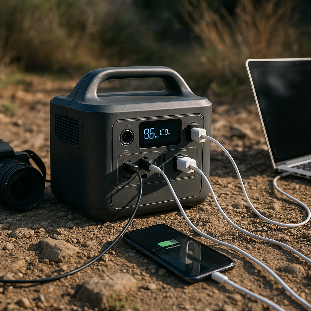 Portable power station running laptop, phone charger, and lamp during power outage