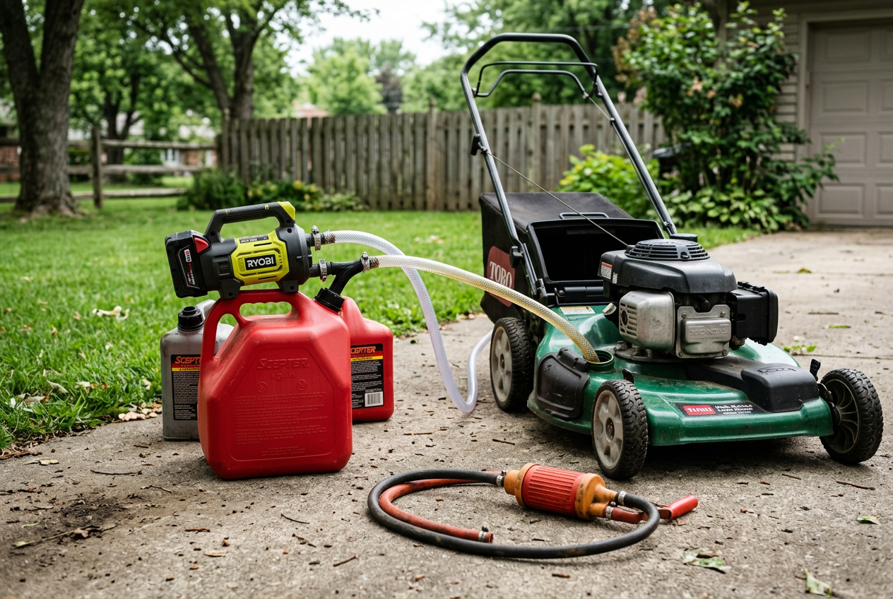 Hand siphon and fuel-transfer tools outdoors