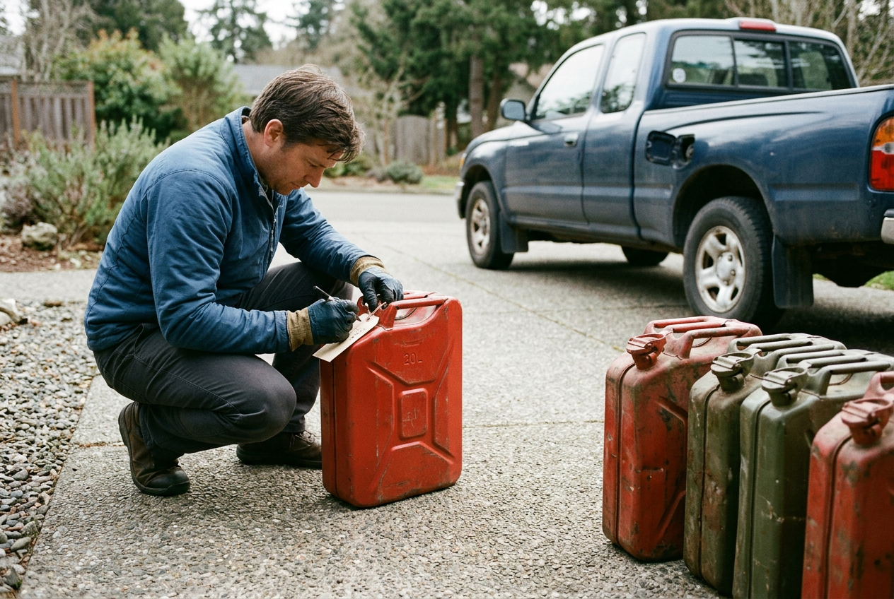 Gloved hands labeling fuel can during rotation routine