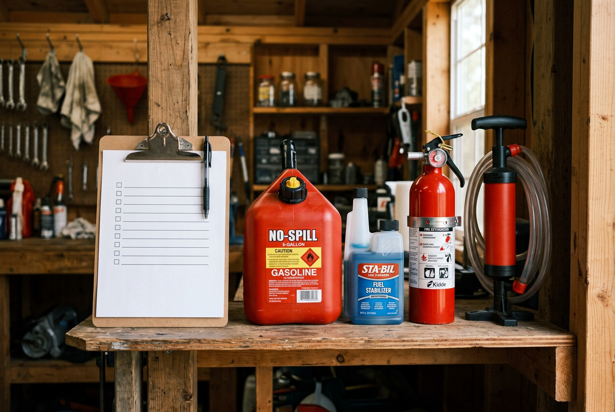 Clipboard beside fuel can, stabilizer, extinguisher, and pump