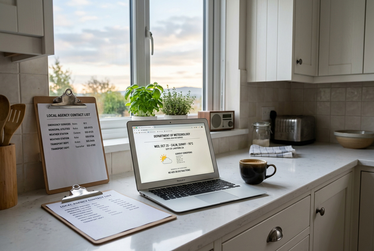 Kitchen counter with laptop showing trusted weather source setup