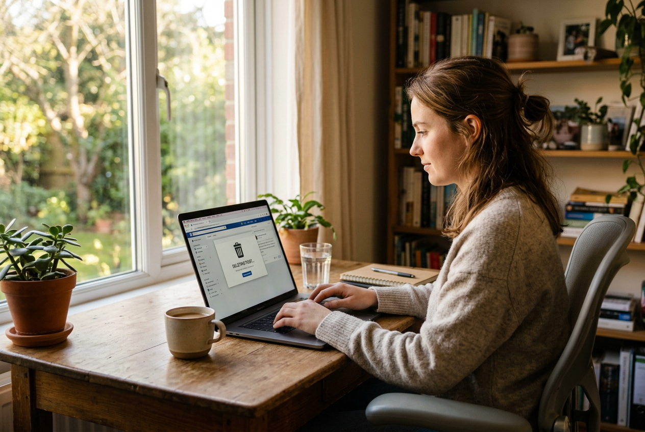 Person deleting and correcting a shared post on laptop