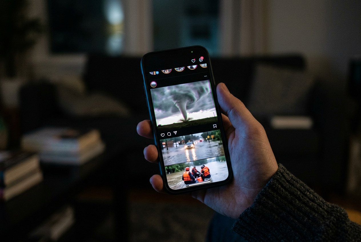 Hand holding phone showing suspicious stacked disaster social posts