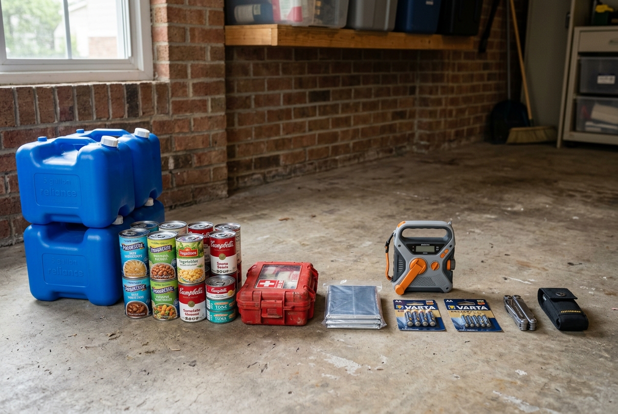 Organized layout of 72-hour emergency supply kit contents