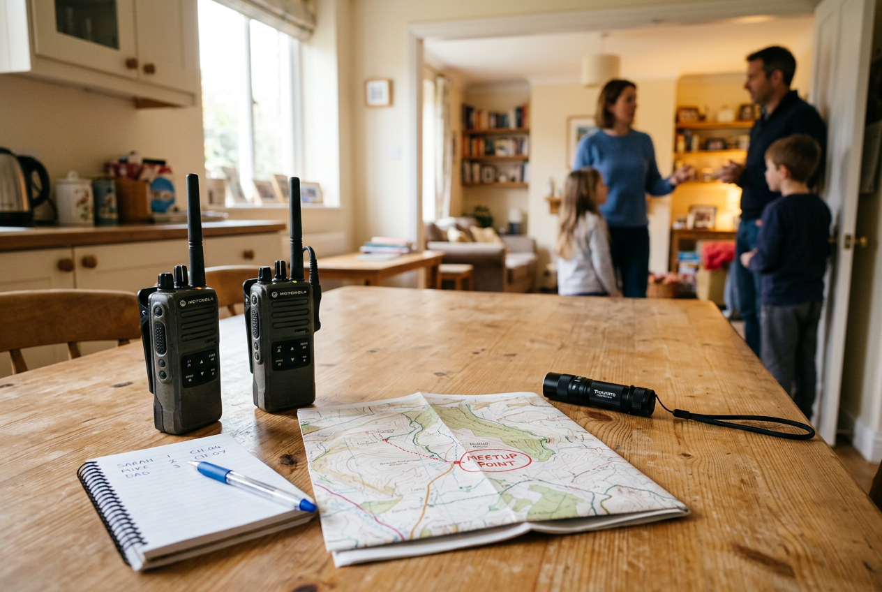 Two-way radios and map on table for family communication