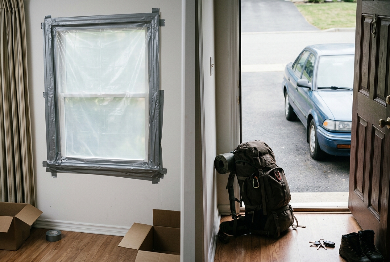 Split view of sealed shelter room and packed evacuation bag