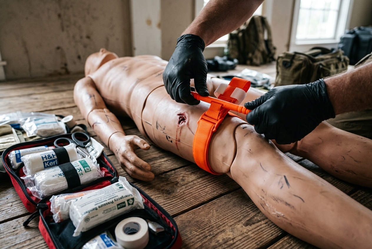 Gloved hands applying tourniquet with trauma supplies nearby