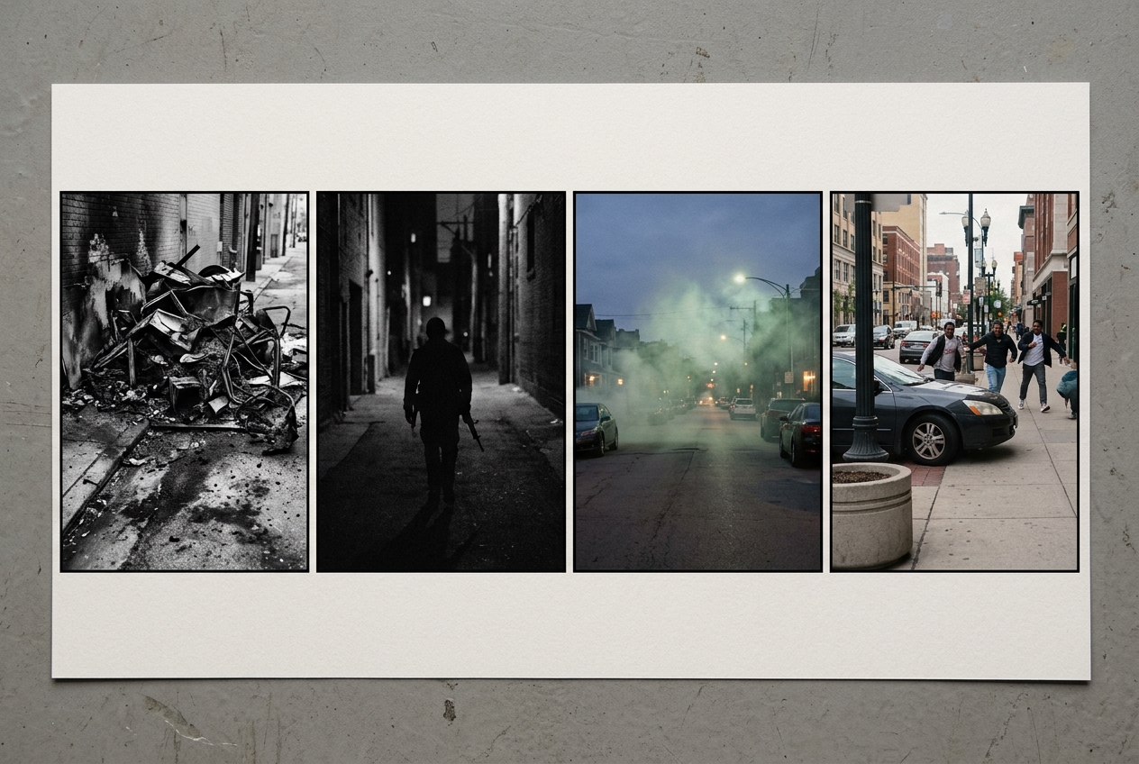 Four illustrated panels showing different categories of terrorist threats
