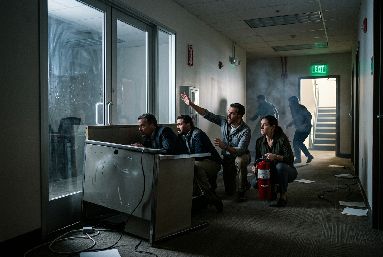 People barricading and evacuating an office corridor during attack