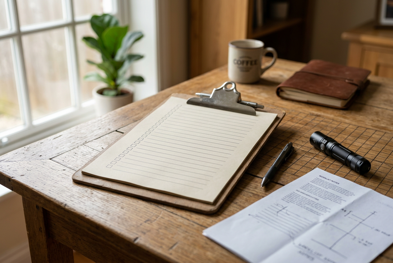 Blank checklist clipboard on desk with pen and flashlight