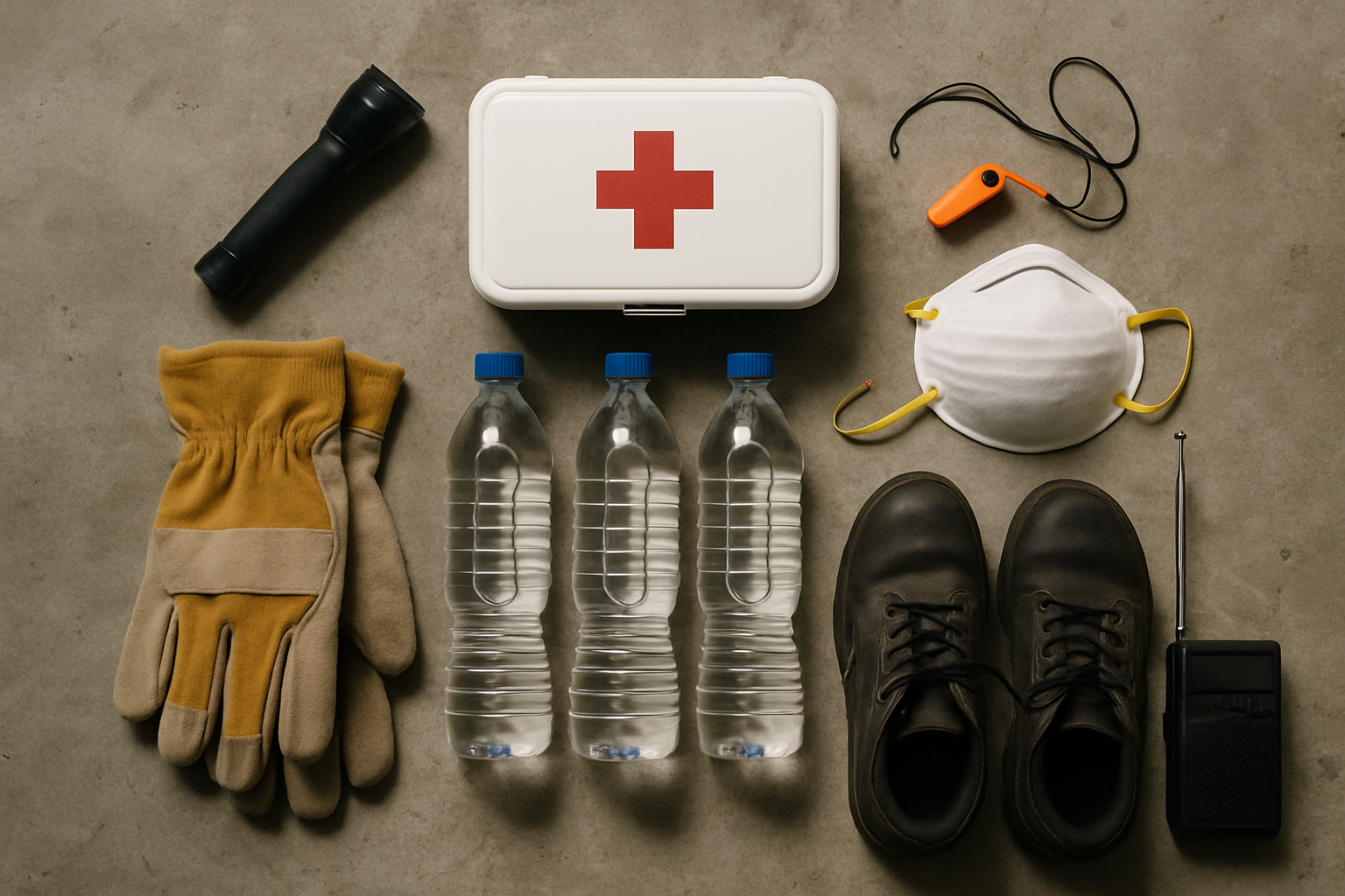 Overhead layout of tornado emergency supplies on floor