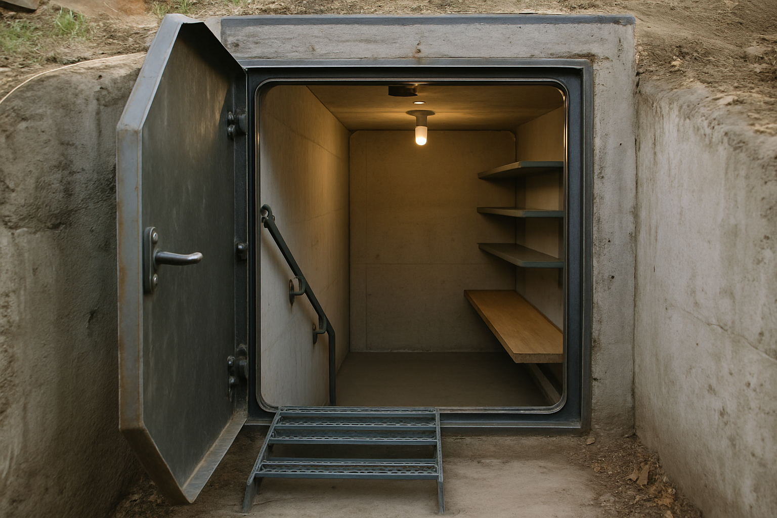 Underground concrete storm shelter with steel hatch and steps