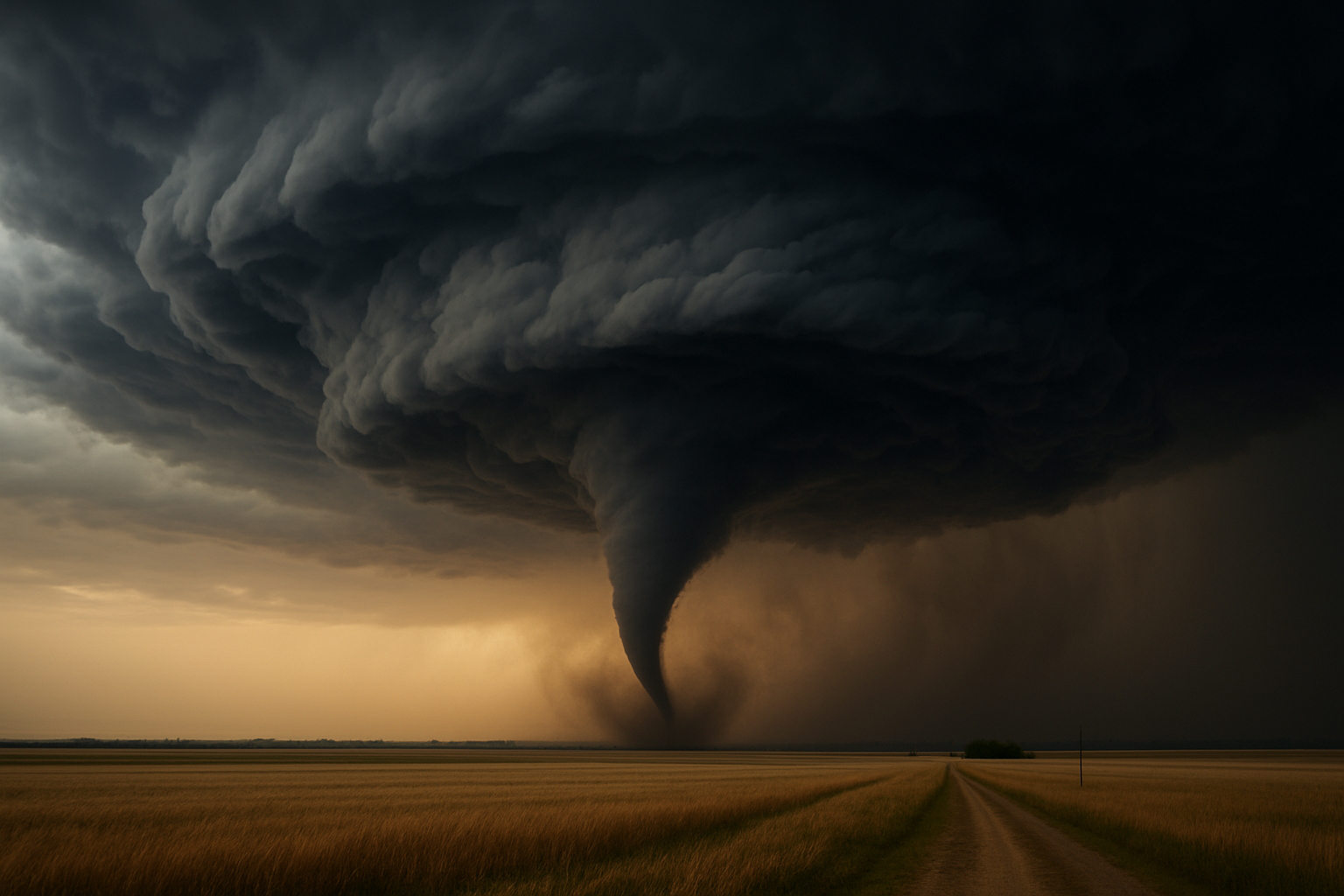 Funnel cloud descending from dark supercell over rural fields