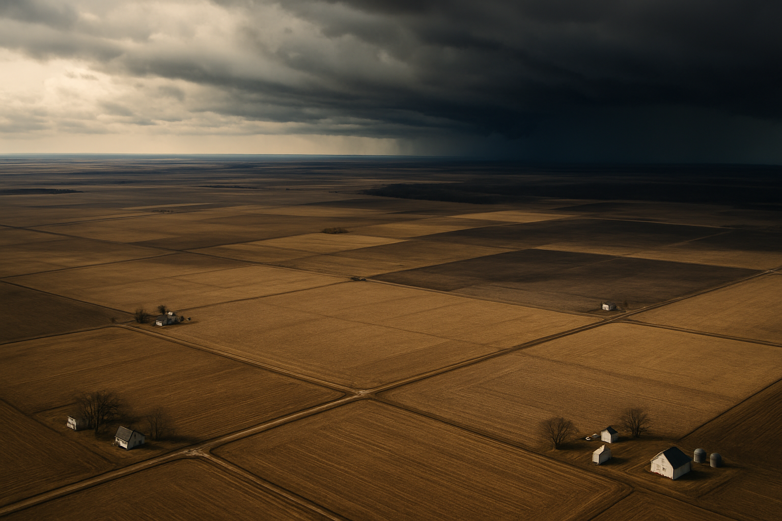Aerial view of flat plains under gathering storm clouds
