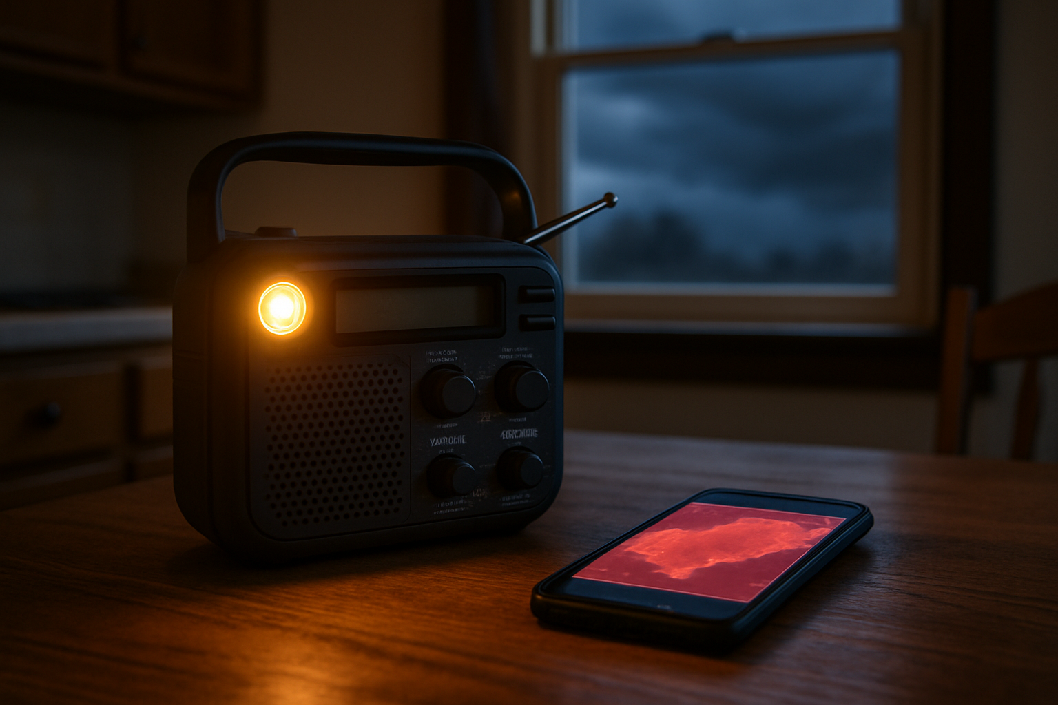 Weather radio and phone showing alerts on kitchen table