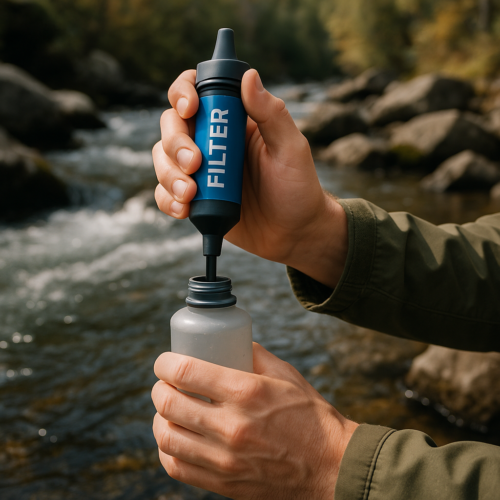 Person using portable water filter to purify water in emergency situation