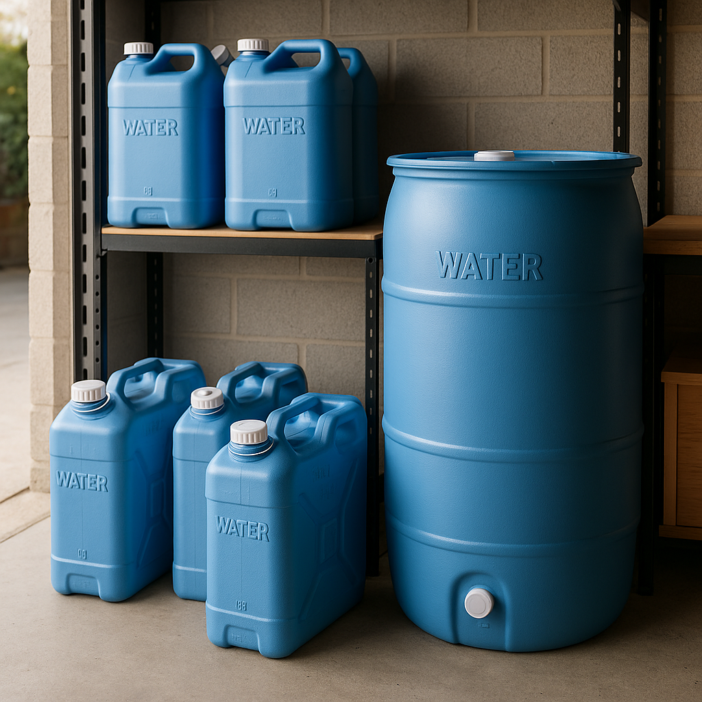 Blue 5-gallon water jugs and large water storage barrels organized for emergency preparedness