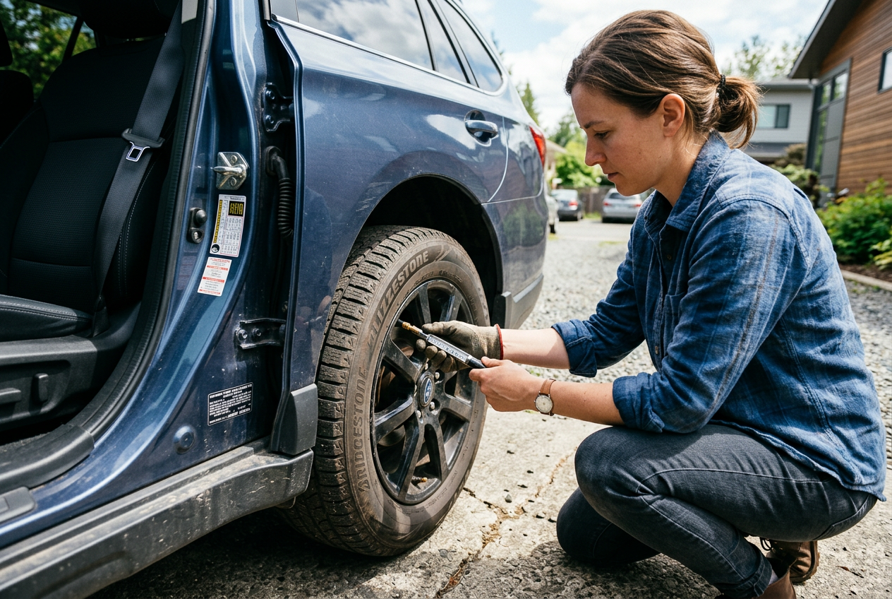 Person checking tire pressure with gauge near door jamb