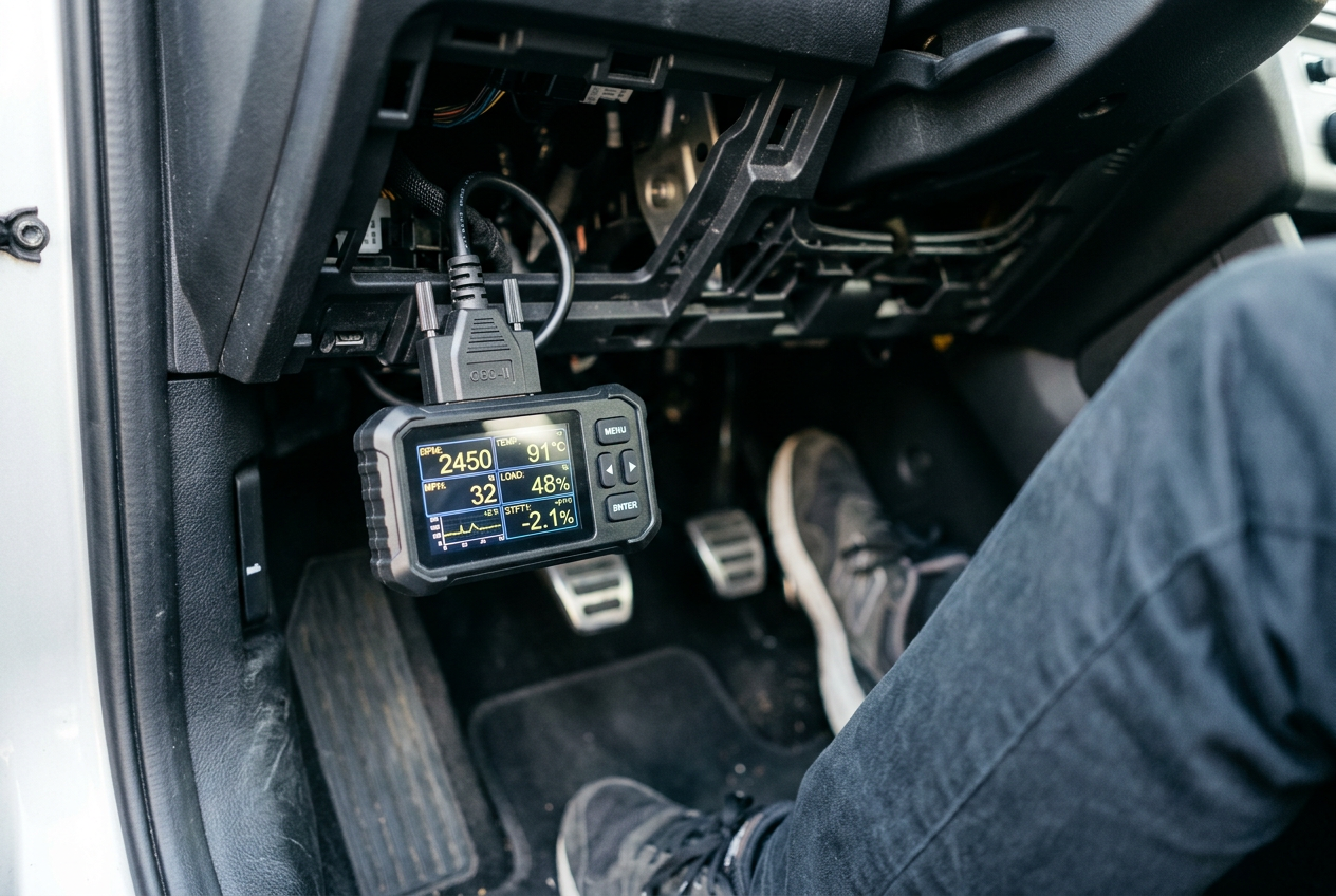 OBD2 monitor plugged under dashboard showing live data