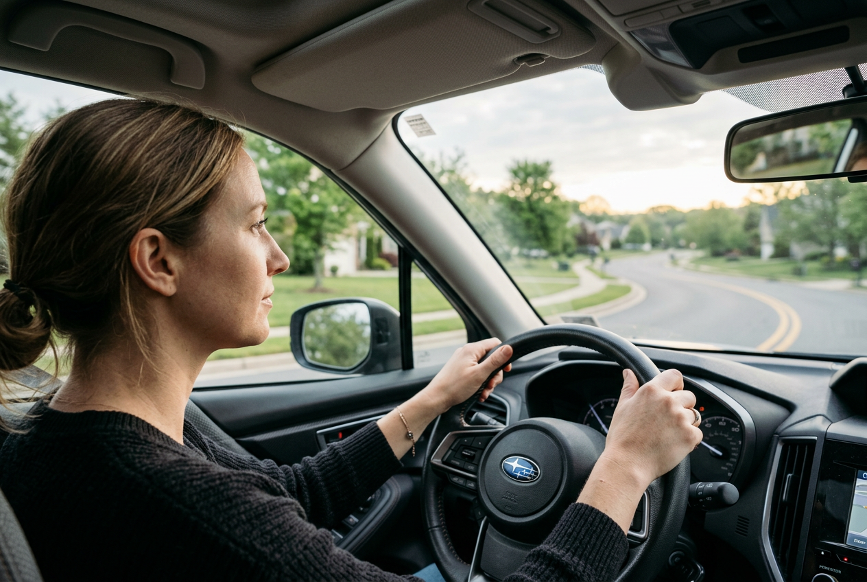 Relaxed hands on steering wheel driving suburban road