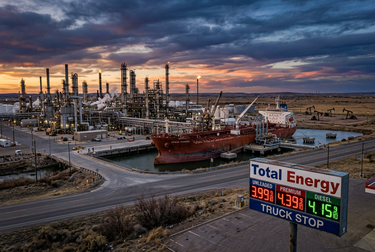 Refinery, tanker ship, and pump jacks at dusk