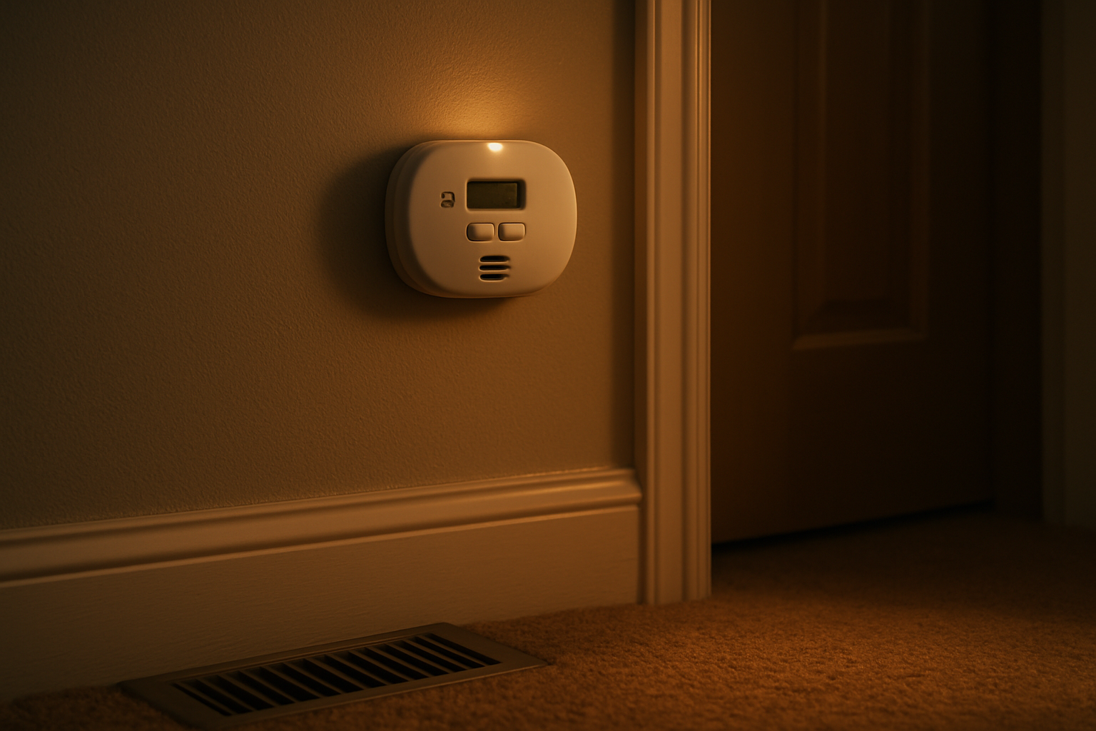 Carbon monoxide detector on hallway wall near bedroom door