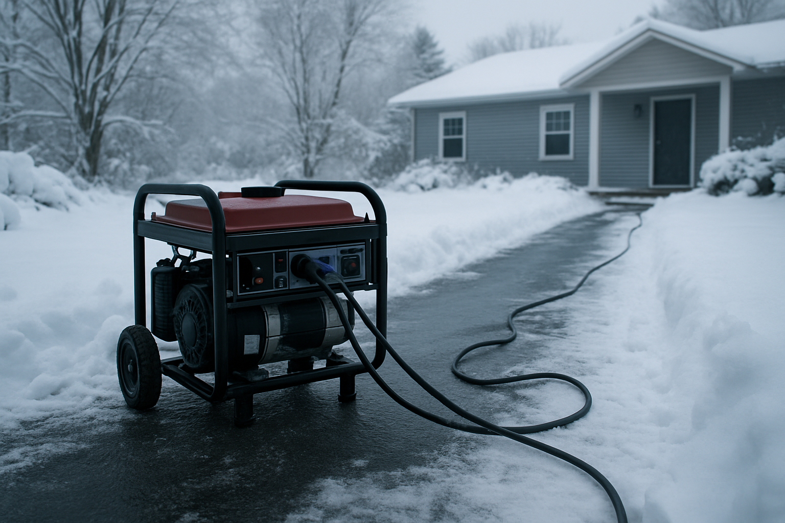 Portable generator in snowy driveway with cables to house