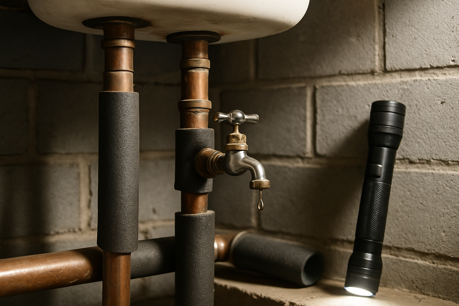 Insulated basement pipes under sink with dripping faucet