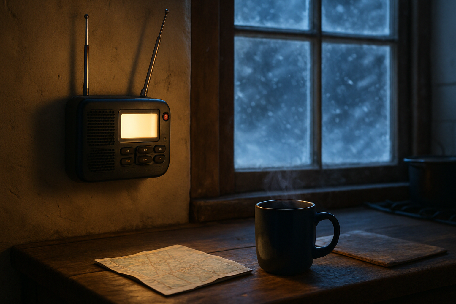Weather radio on kitchen counter beside frosted snowy window