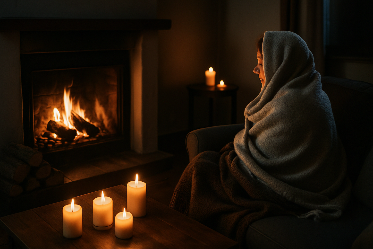 Person wrapped in blankets beside fireplace in dim room